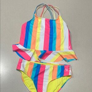 Hurley Girls' Multi-Color Rainbow Stripe Two-Piece Swim Set 10/12